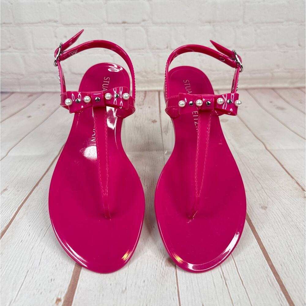 Stuart Weitzman Imitation Pearl Bow Jelly Pink Ankle Strap Sandals Women’s Sz 6B - Picture 6 of 8